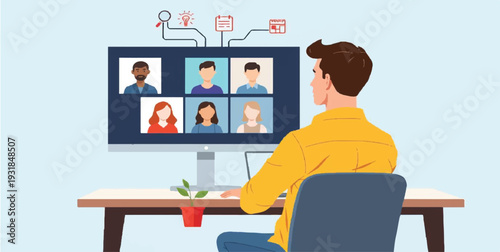 Remote Work Concept: Professional Man Participating in Virtual Team Meeting and Digital Collaboration via Video Conference