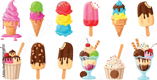 Colorful Ice Cream Collection with Cones Popsicles Sundaes and Chocolate Topped Frozen Desserts Vector Set