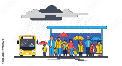 A rainy day scene depicts people waiting at a bus stop with umbrellas showcasing a distinct silhouette high quality professional detailed