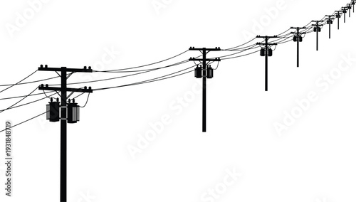 Black and white of a row of electric power transmission towers with wires and transformers on a white background