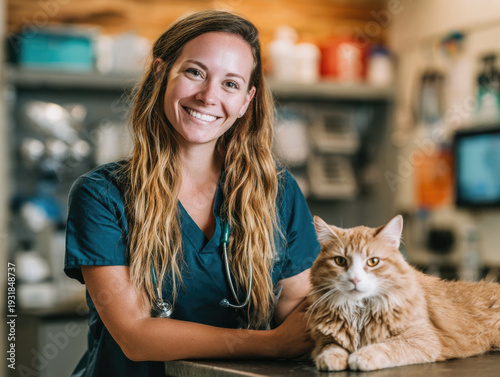 Happy woman, portrait and veterinarian with cat for animal checkup, visit or healthcare. ai generated