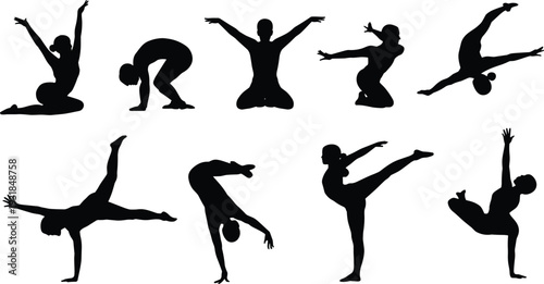 Black silhouette vector illustration of dancers and gymnasts in expressive poses, athletic movement, balance, flexibility, artistry, and performance body language symbols