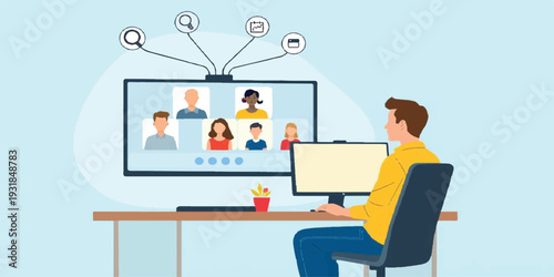 Remote Professional Working From Home Office Engaging in Global Video Conference Call and Digital Team Collaboration