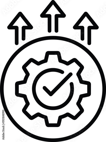 Performance optimization and growth line icon with gear, check mark and upward arrows symbolizing business improvement and efficiency