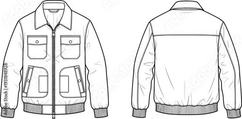 Black and white of front and back of bomber jacket with pockets and zipper clothing fashion