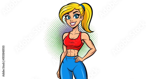Cartoon fit woman with abs and ponytail