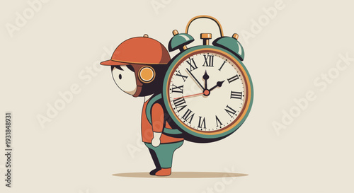 A child carries a large alarm clock on his back, symbolizing the burden of time.
