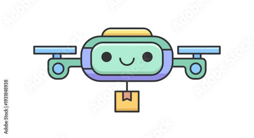 Cute robot drone delivering a package with a happy expression