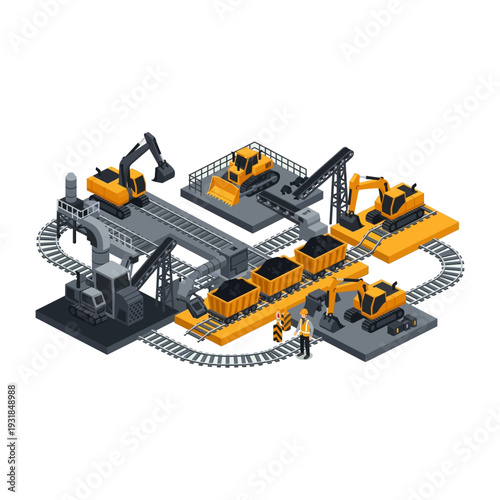 Isometric mining and quarrying industry with heavy machinery and train.
