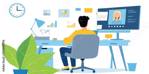 Remote Work and Digital Nomad Concept Illustration: Freelancer in Home Office with Video Call and Data Analytics Charts