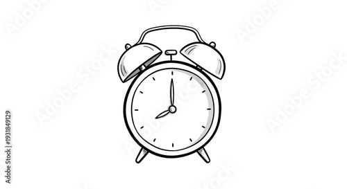 Hand drawn outline of a classic alarm clock showing time, isolated white background.