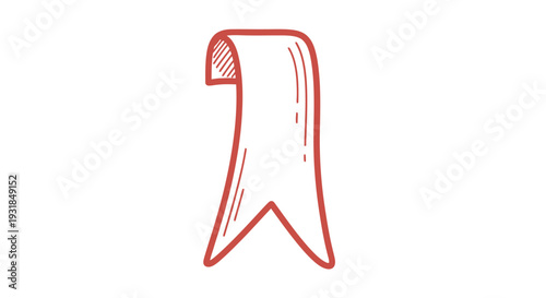 Hand drawn red outline bookmark ribbon with folded top, isolated white background.