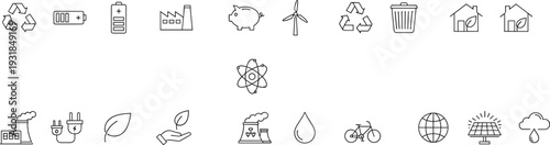 Renewable energy and sustainability line icon set with recycling, battery, factory, wind turbine, solar panel, water drop and eco house vector illustration