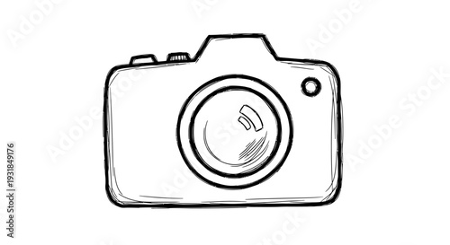 Outline drawing of a compact digital camera with a lens on isolated white background
