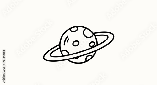 Cute cartoon outline drawing of a planet with visible rings on isolated white background