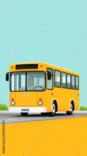Yellow cartoon bus on road with blue sky and trees in background
