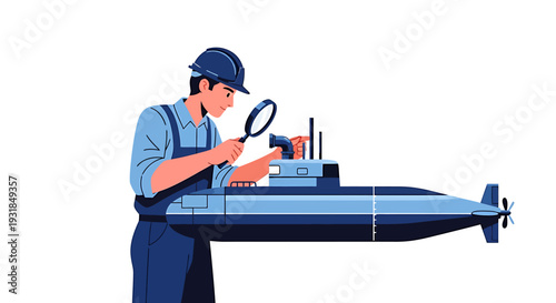 Man Inspecting Submarine Model with Magnifying Glass. Vector Illustrations. EPS Editable