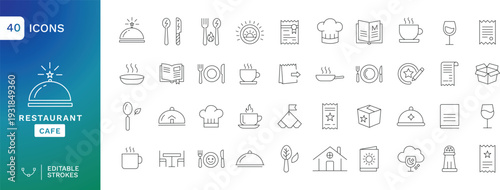 Restaurant & Cafe Line Icons Set – 40 Editable Stroke Outline Icons for Dining, Menu, Chef, Coffee, Table Service and Food Packaging UI Design