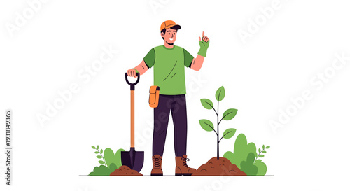 Man Planting Tree with Shovel in Garden. Vector Illustrations. EPS Editable