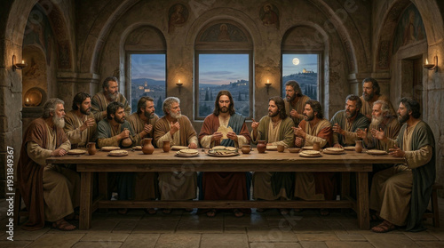The Last Supper, classic biblical scene, depicting Jesus and disciples at a table, dramatic lighting