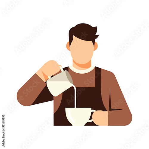 Man Pouring Milk into Coffee Cup. Vector Illustrations. EPS Editable