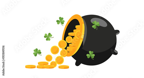 Lucky Pot of Gold Coins Spilling Out. Vector Illustrations. EPS Editable