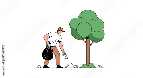Man Cleaning Up Litter Around a Tree in a Park. Vector Illustrations. EPS Editable