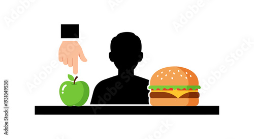 Man Choosing Between Apple and Burger. Vector Illustrations. EPS Editable