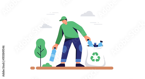 Man Collecting Trash for Recycling Effort. Vector Illustrations. EPS Editable