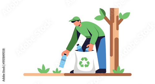 Man collecting plastic bottles for recycling in a park. Vector Illustrations. EPS Editable