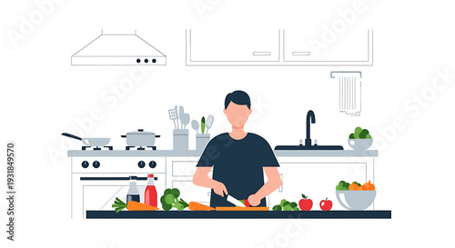Man Cooking Healthy Meal in Modern Kitchen Flat Vector Illustration. Vector Illustrations. EPS Editable