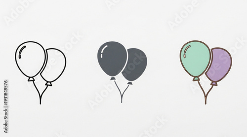 Party balloons icon set in line, solid and filled outline colorful style. Balloon icon twice presented as vector sign, symbol and color illustration for celebration and baby party