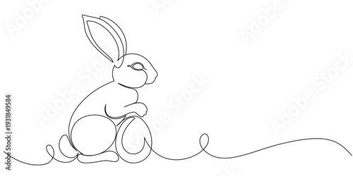 One continuous line art drawing of Easter eggs and rabbit. Greeting banner design with bunny and ears in simple linear style. Editable stroke.Line art vector illustration