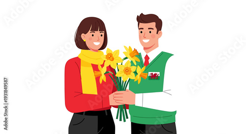 Man giving a bouquet of daffodils to a woman. Vector Illustrations. EPS Editable