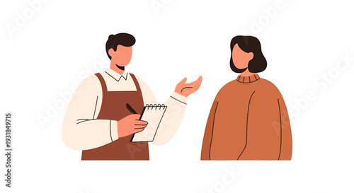 Man in apron taking notes from a woman customer service interaction. Vector Illustrations. EPS Editable