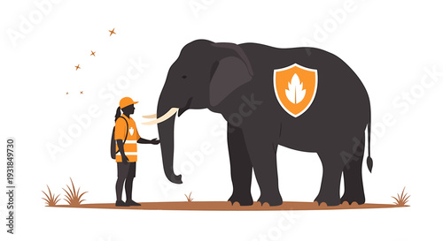 Man in orange vest standing beside large elephant with shield. Vector Illustrations. EPS Editable