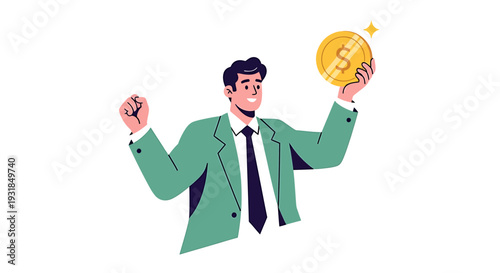 Man in Suit Holding Large Gold Coin. Vector Illustrations. EPS Editable