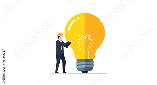 Man in Suit Standing Next to Large Yellow Light Bulb. Vector Illustrations. EPS Editable