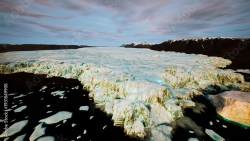 vast glacier melting into dark ocean, accelerated runoff feeding cold currents, climate context and crisis tone, environmental urgency visible in fractured ice