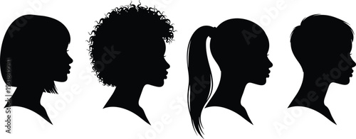 Black silhouette vector illustration of diverse female head profiles with unique hairstyles including bob, curly, ponytail, and short haircuts isolated