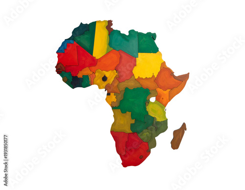 Africa map composed of colorful puzzle pieces with varied textures and vibrant hues