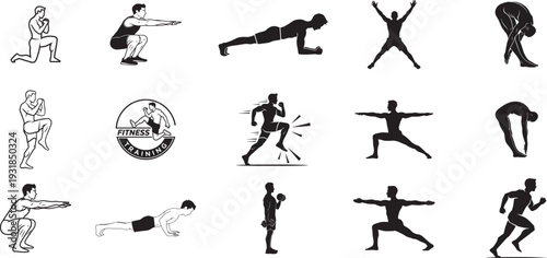 Gym Workout Poses Vector Set-Squat, Push Up and Cardio Exercise Silhouettes