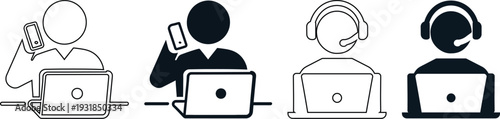 Customer service representative with laptop and headset, call center agent or technical support icon set