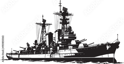 Black silhouette detailed battleship warship with large gun turrets masts radar superstructure bridge smokestacks side view on waves, naval military vector illustration for history navy designs logos