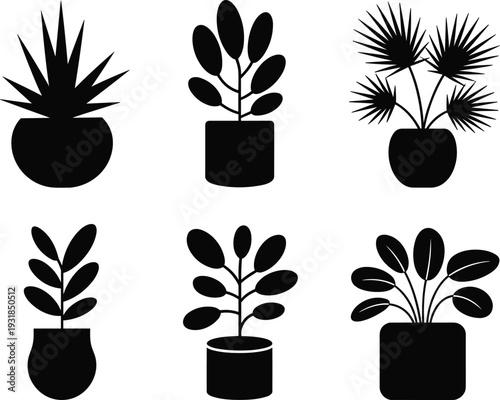 Black silhouette vector illustration of diverse potted houseplants, indoor foliage icons, decorative botanical elements, home garden decor, and plant symbols