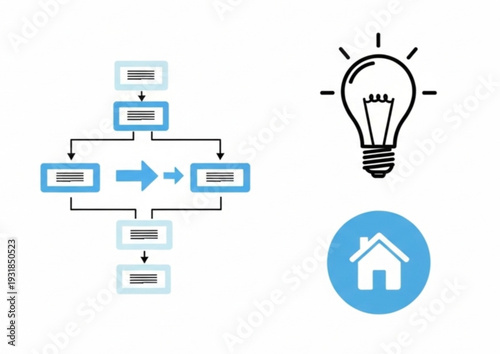Innovation, workflow design, creative thinking, process cycle, home solutions, infographic design. Circular process workflow, light bulb and house icon. Innovation and workflow design concept