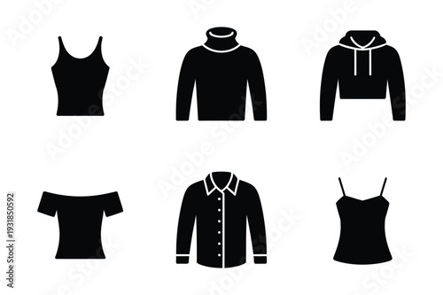 Set of black clothing icons: tank top, turtleneck, hoodie, off-shoulder shirt, button-down shirt