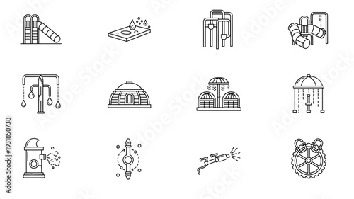 Illustrated icons of water park attractions and splash features