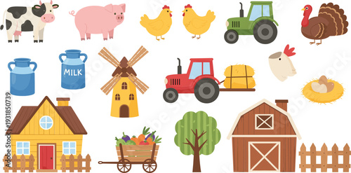 Cute Farm Animals and Agriculture Elements Collection with Barn Tractor Windmill and Rural Village Illustrations
