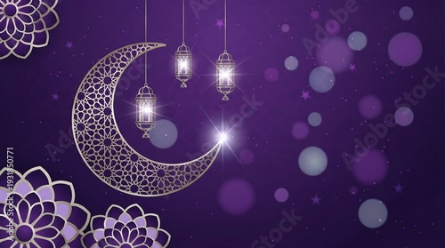 Purple islamic celebration background with golden moon and hanging star motifs